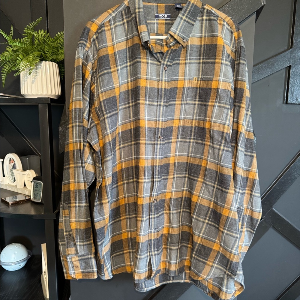 IZOD Gray & Orange Button Down Flannel Shirt Men’s Size XXL